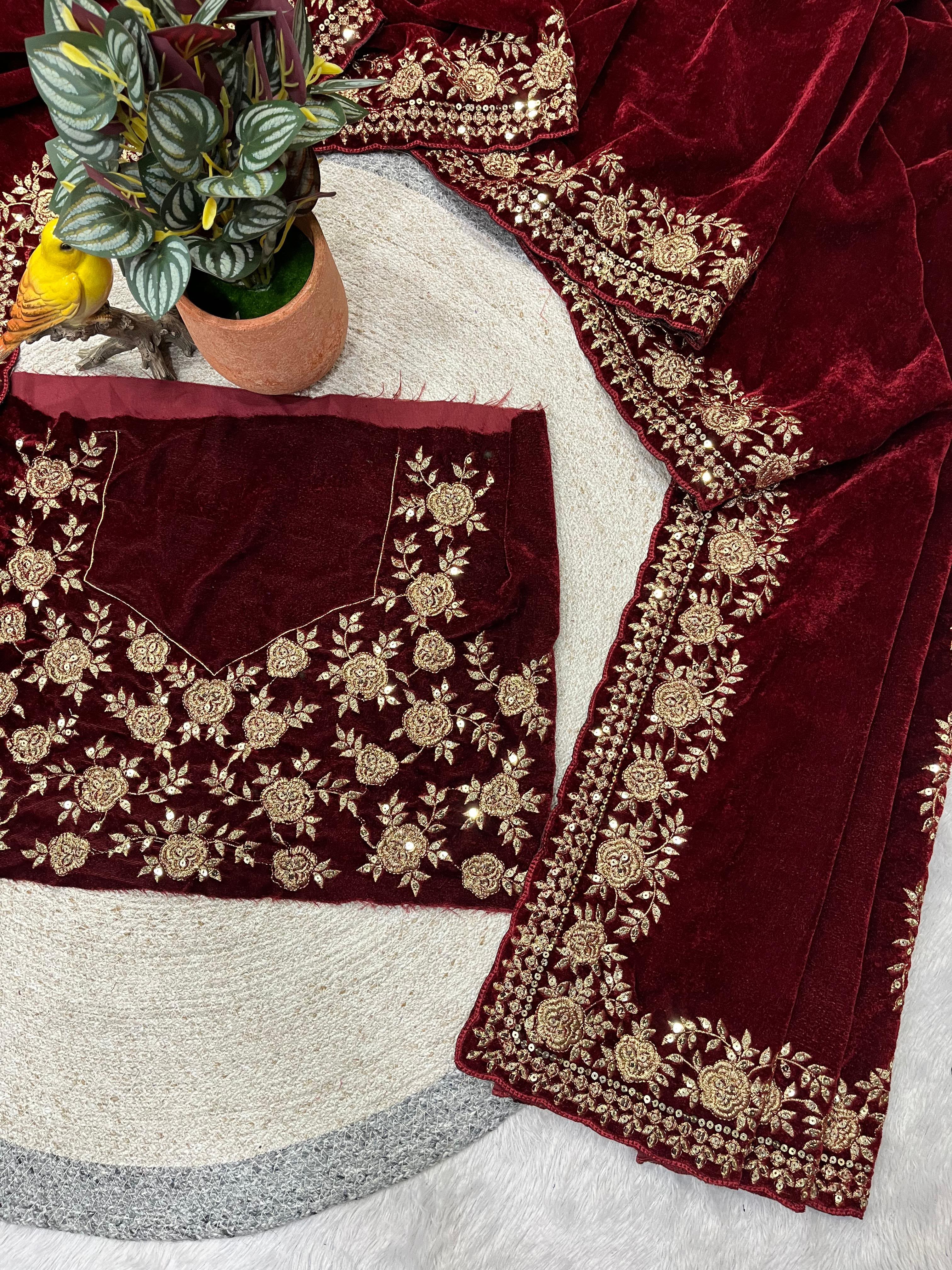 Premium Viscose Velvet Designer Saree With Sequins & Jari Dori Work