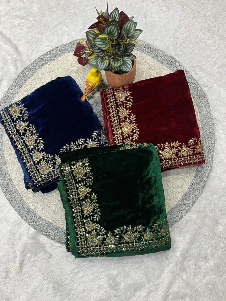 Premium Viscose Velvet Designer Saree With Sequins & Jari Dori Work