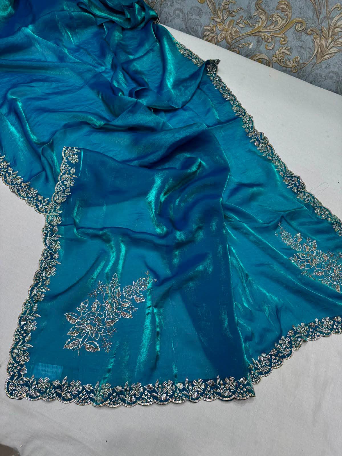 Premium Soft Chosmo Silk Printed Saree With Katdana & Diamond Work