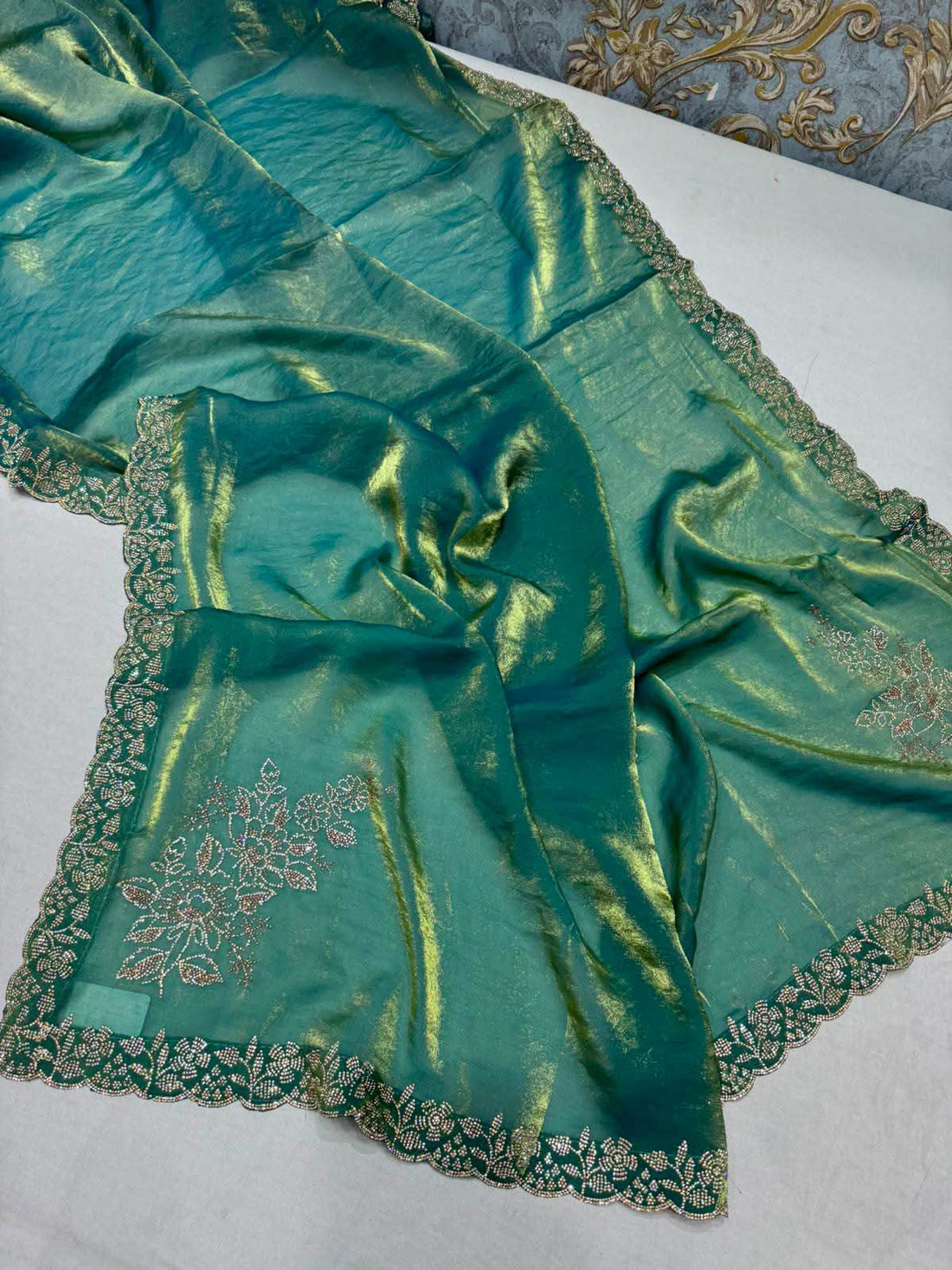 Premium Soft Chosmo Silk Printed Saree With Katdana & Diamond Work