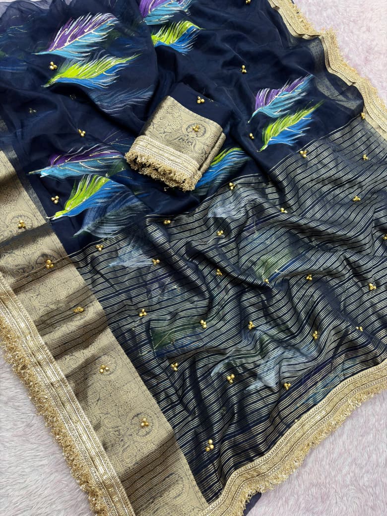 Trending Feather Brush Printed Organza Silk Ghungroo Saree