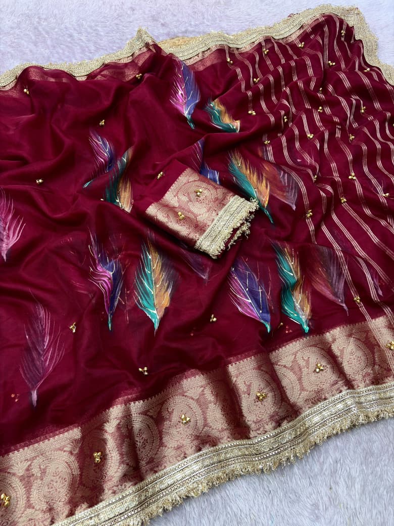 Trending Feather Brush Printed Organza Silk Ghungroo Saree