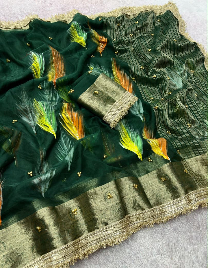 Trending Feather Brush Printed Organza Silk Ghungroo Saree