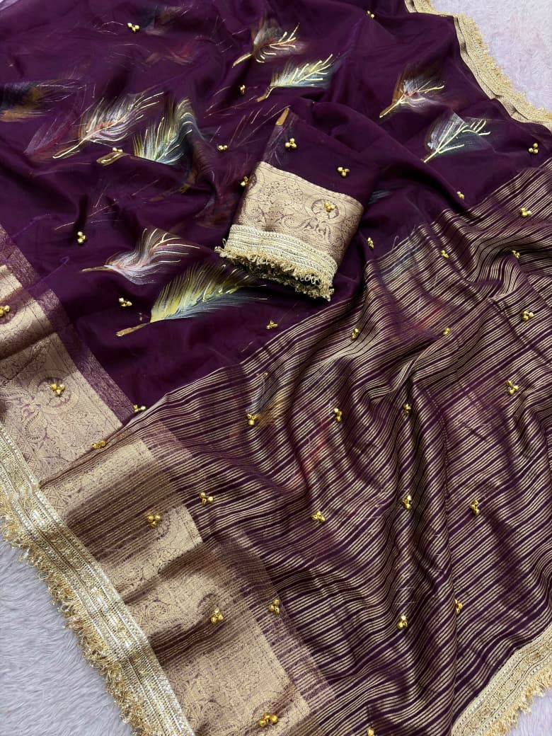 Trending Feather Brush Printed Organza Silk Ghungroo Saree