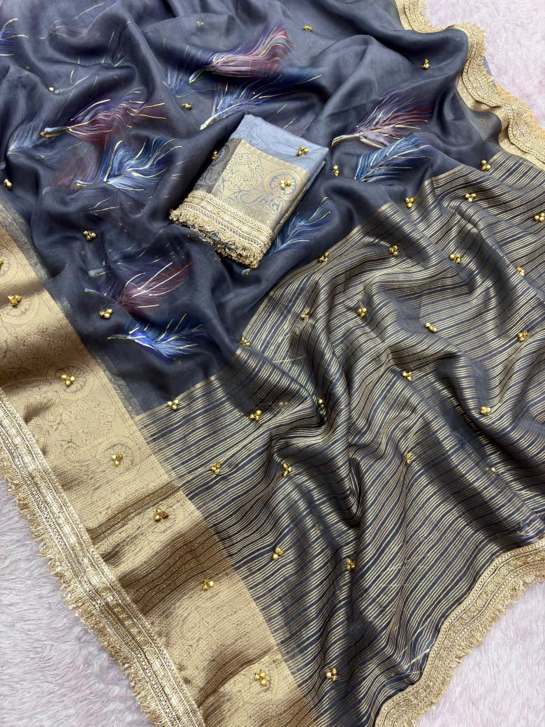Trending Feather Brush Printed Organza Silk Ghungroo Saree