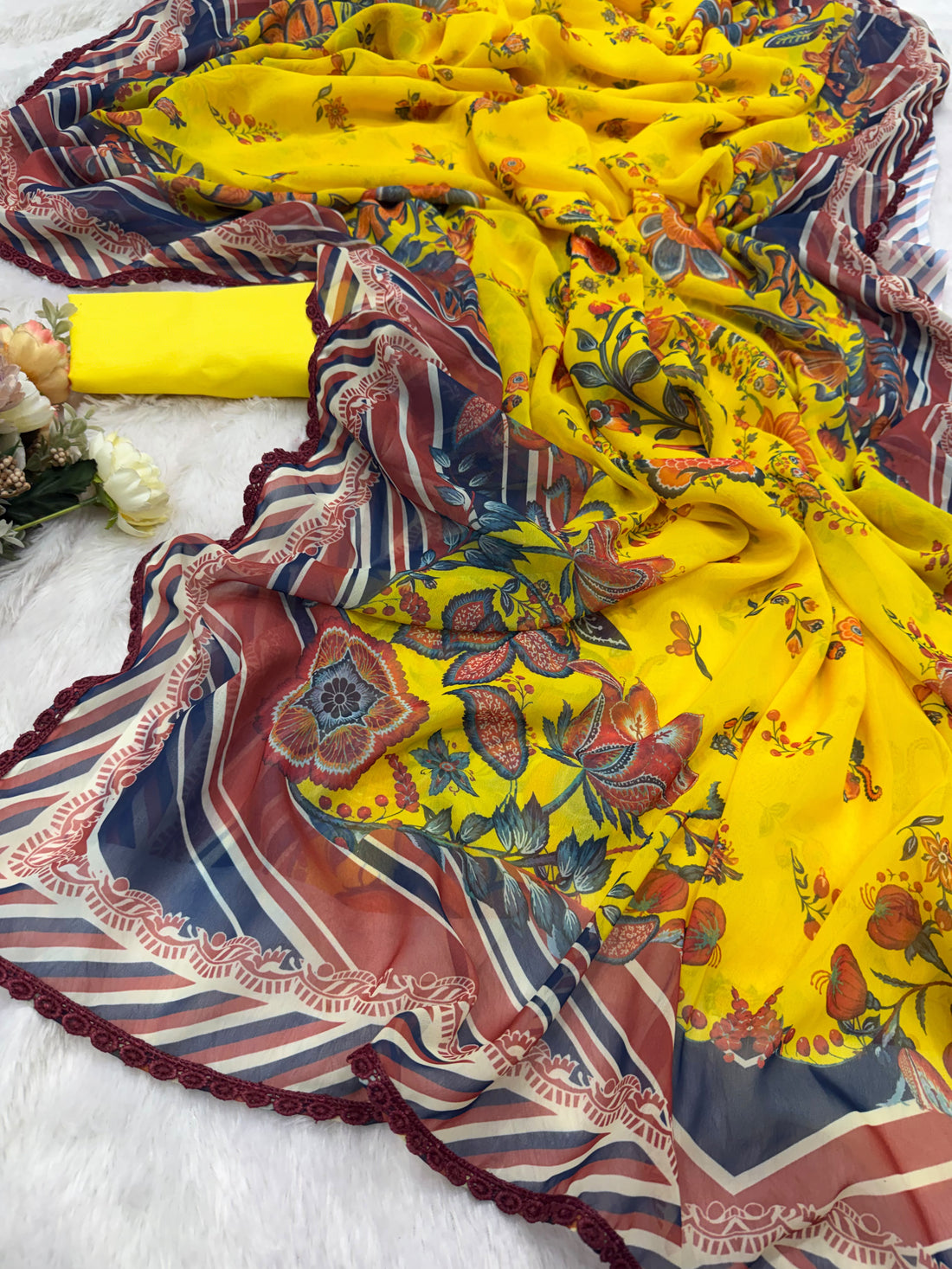Premium Soft Fox Georgette Printed Saree With Fancy Lace Border