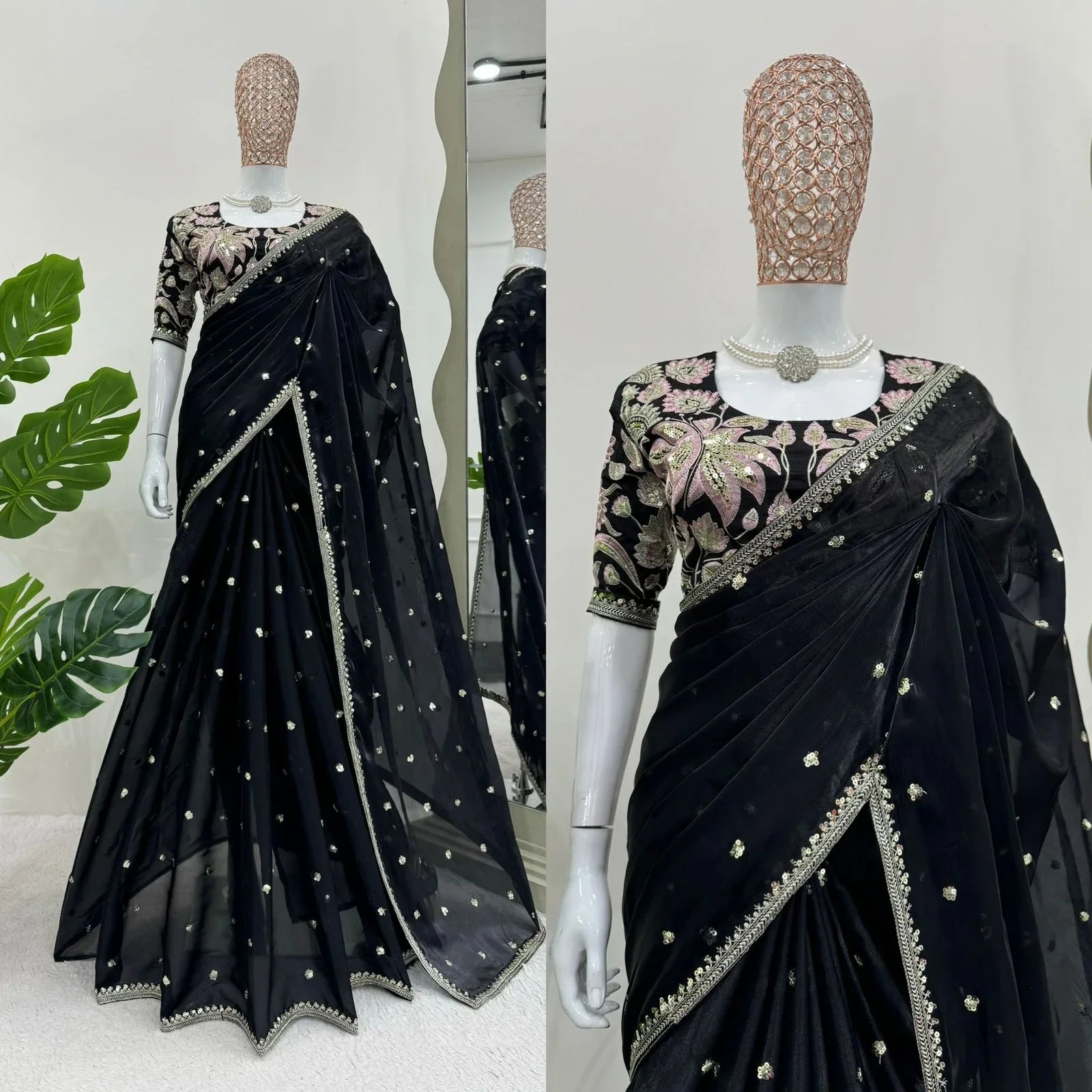 New Partywear Silk Fabric Sequence n Embroidered Fancy Designer Saree With Unstitched Blouse