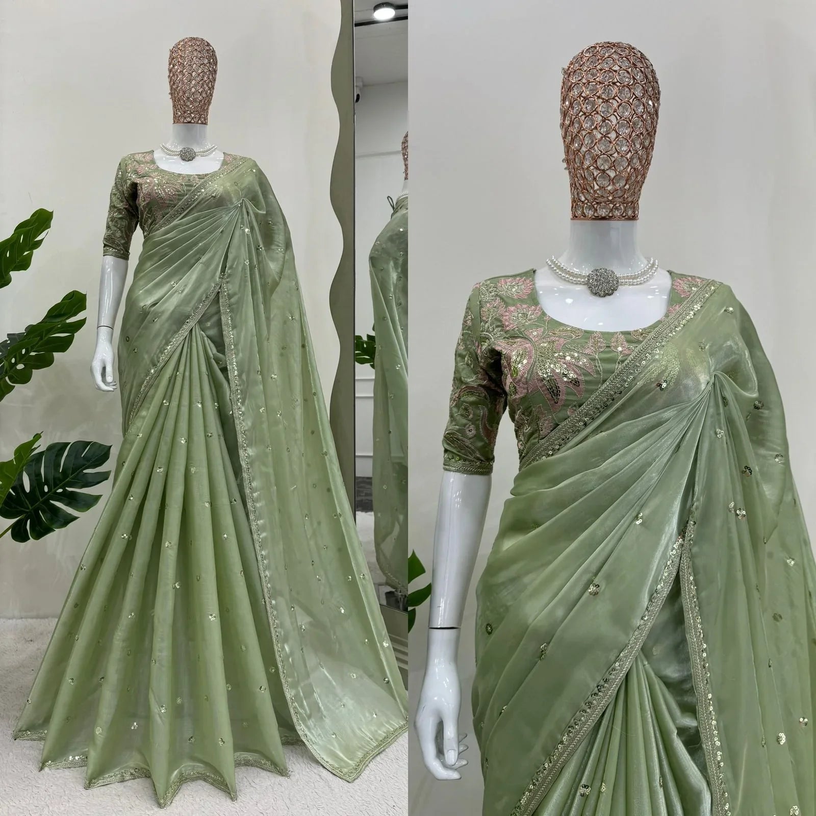 New Partywear Silk Fabric Sequence n Embroidered Fancy Designer Saree With Unstitched Blouse