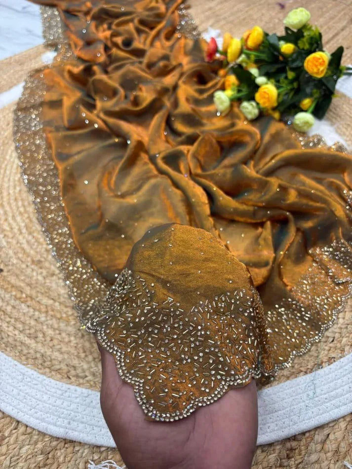 Latest Partywear Space Silk Jarkhan Heavy Diamond Work Fancy Designer Saree With Blouse