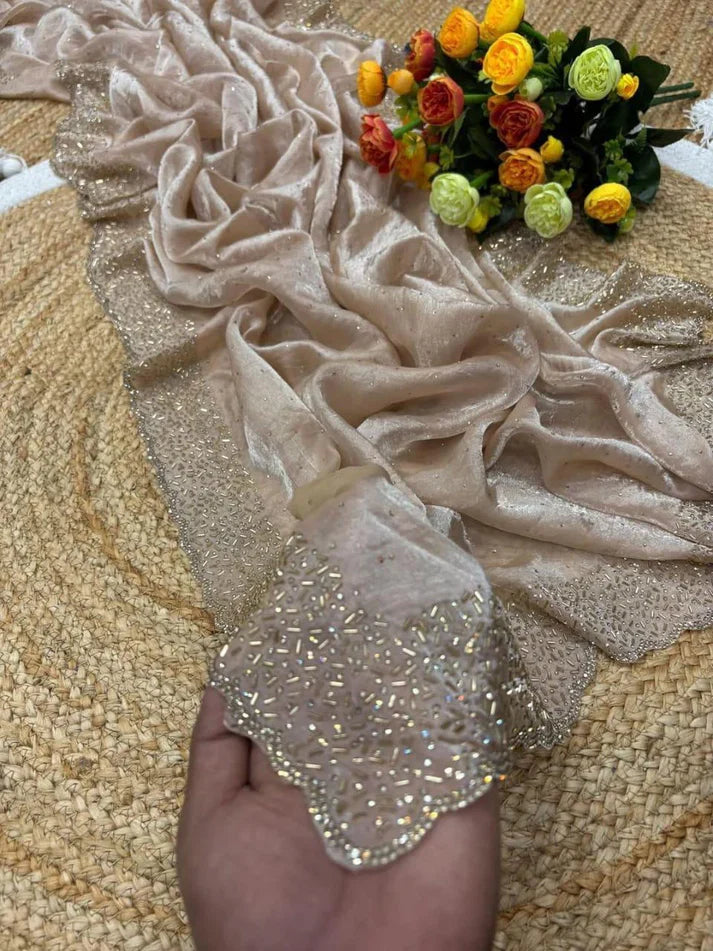 Latest Partywear Space Silk Jarkhan Heavy Diamond Work Fancy Designer Saree With Blouse