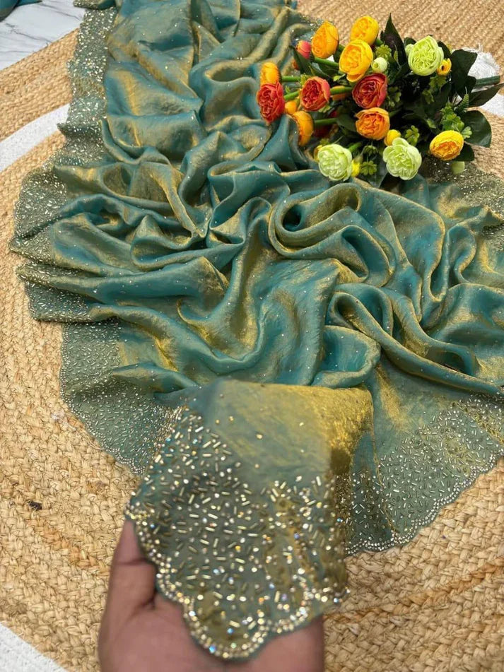 Latest Partywear Space Silk Jarkhan Heavy Diamond Work Fancy Designer Saree With Blouse