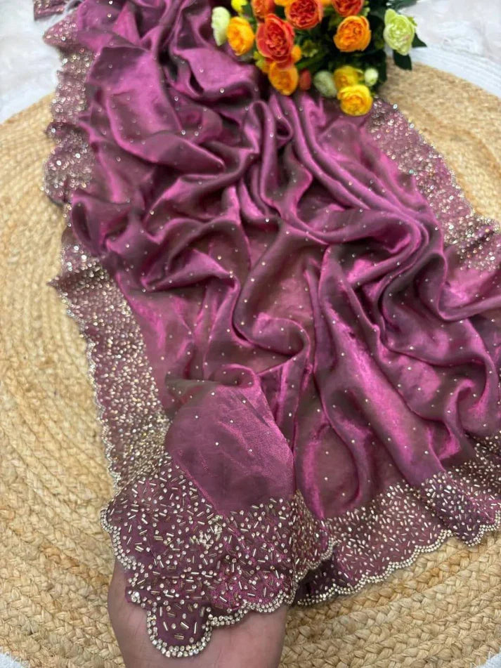 Latest Partywear Space Silk Jarkhan Heavy Diamond Work Fancy Designer Saree With Blouse