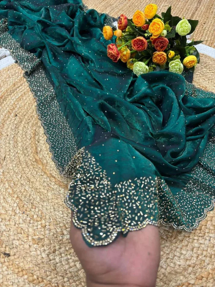 Latest Partywear Space Silk Jarkhan Heavy Diamond Work Fancy Designer Saree With Blouse