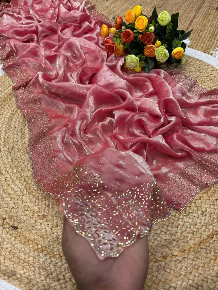 Latest Partywear Space Silk Jarkhan Heavy Diamond Work Fancy Designer Saree With Blouse