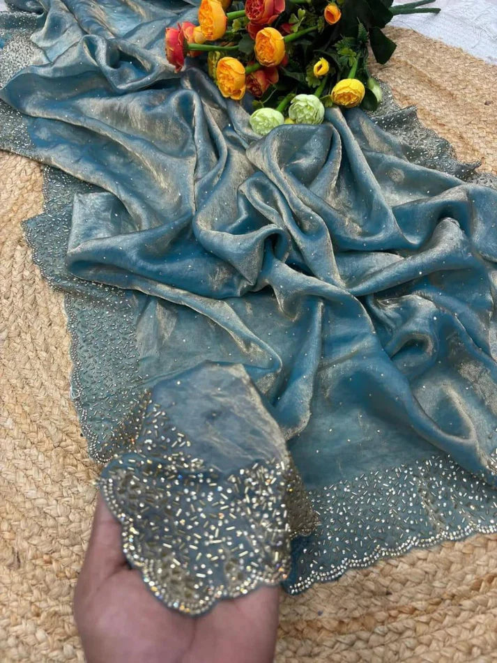 Latest Partywear Space Silk Jarkhan Heavy Diamond Work Fancy Designer Saree With Blouse