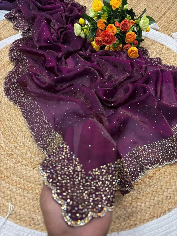 Latest Partywear Space Silk Jarkhan Heavy Diamond Work Fancy Designer Saree With Blouse