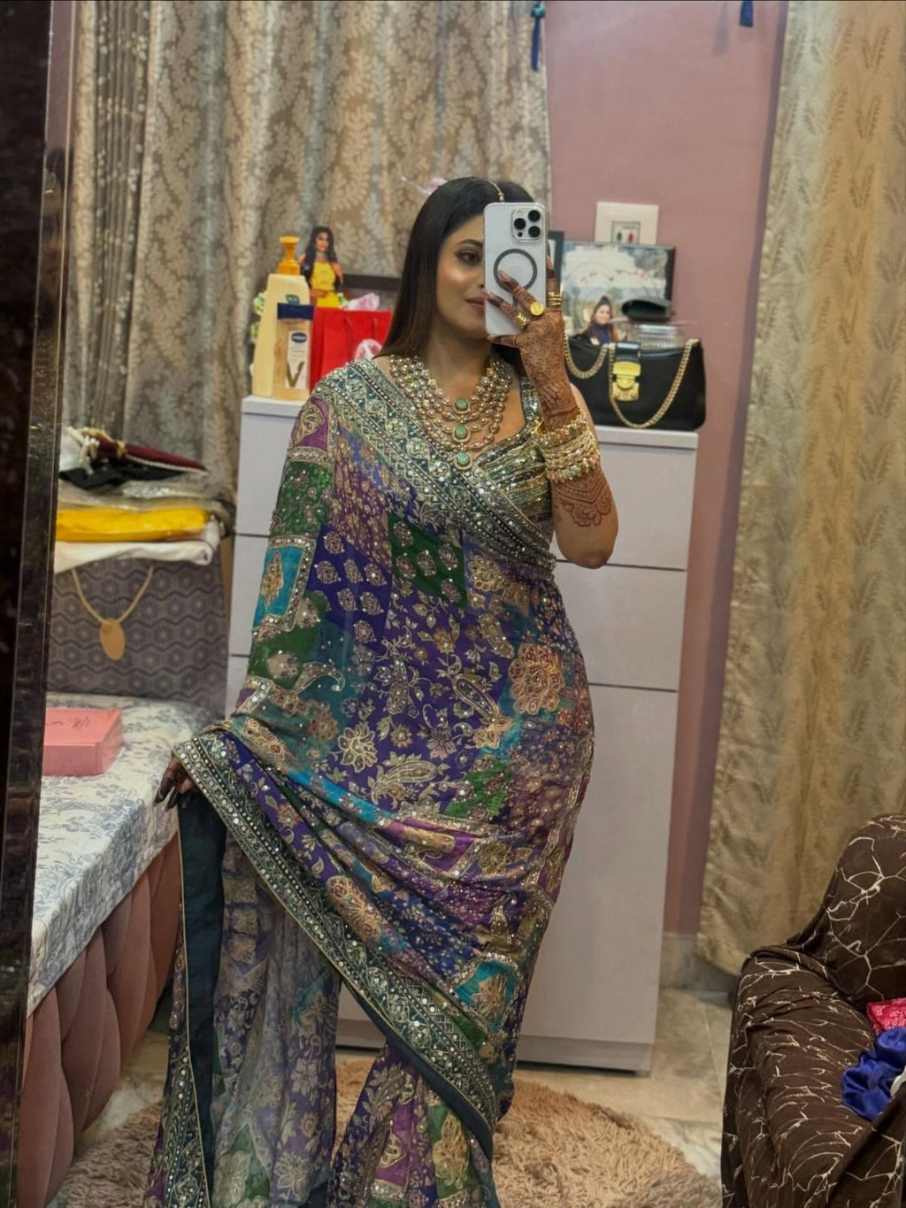 Designer Soft Chinnon Saree with Gold Zari & Real Mirror Work