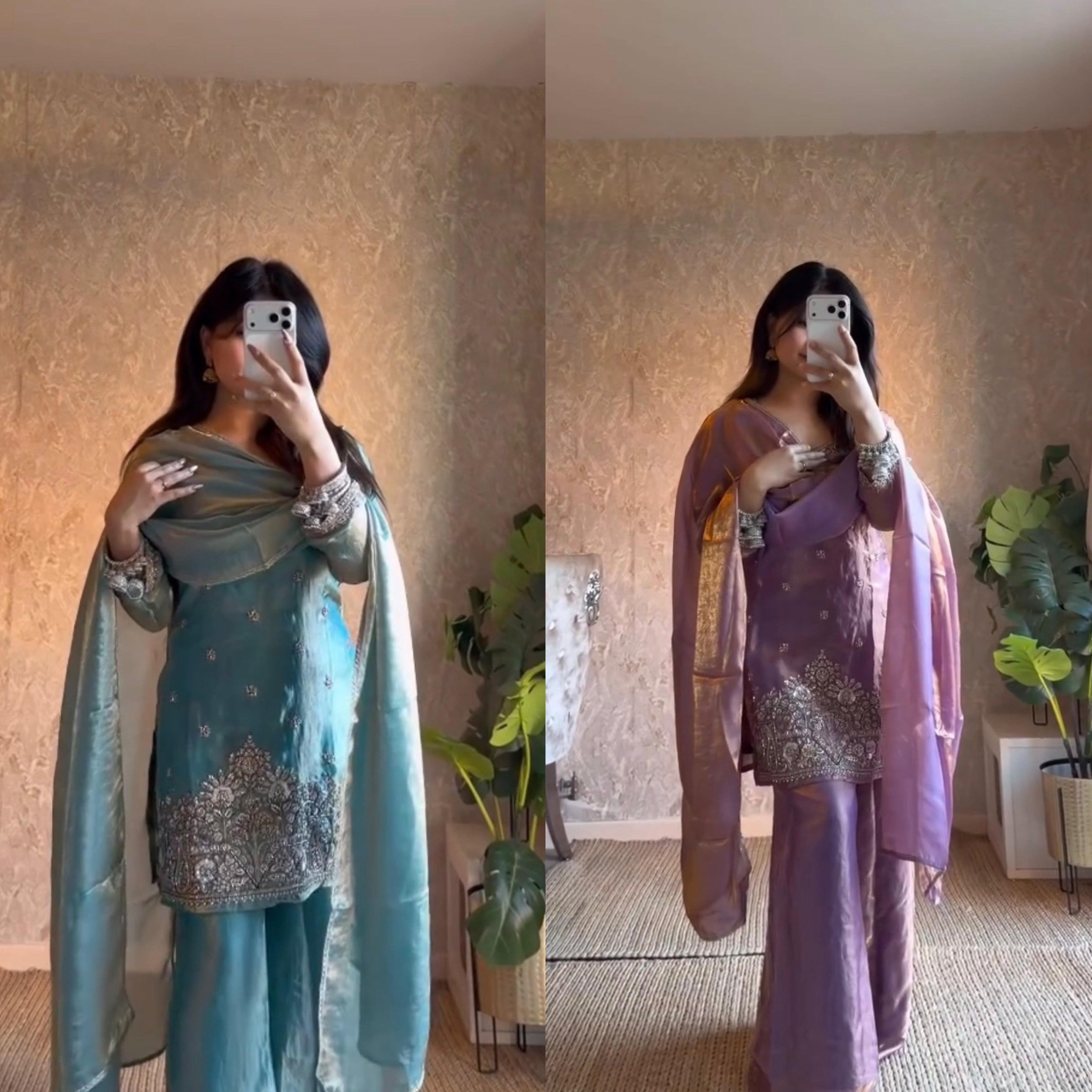 Premium Fendy Silk Kurta Plazo Set with Sequins Work & Designer Dupatta ✨