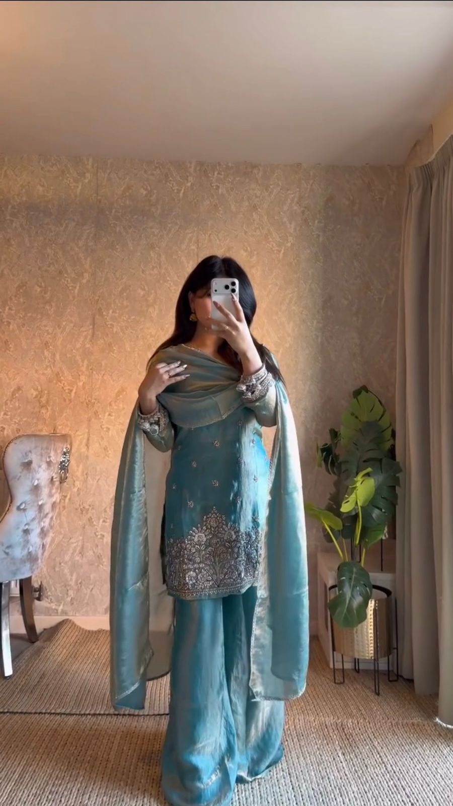 Premium Fendy Silk Kurta Plazo Set with Sequins Work & Designer Dupatta ✨