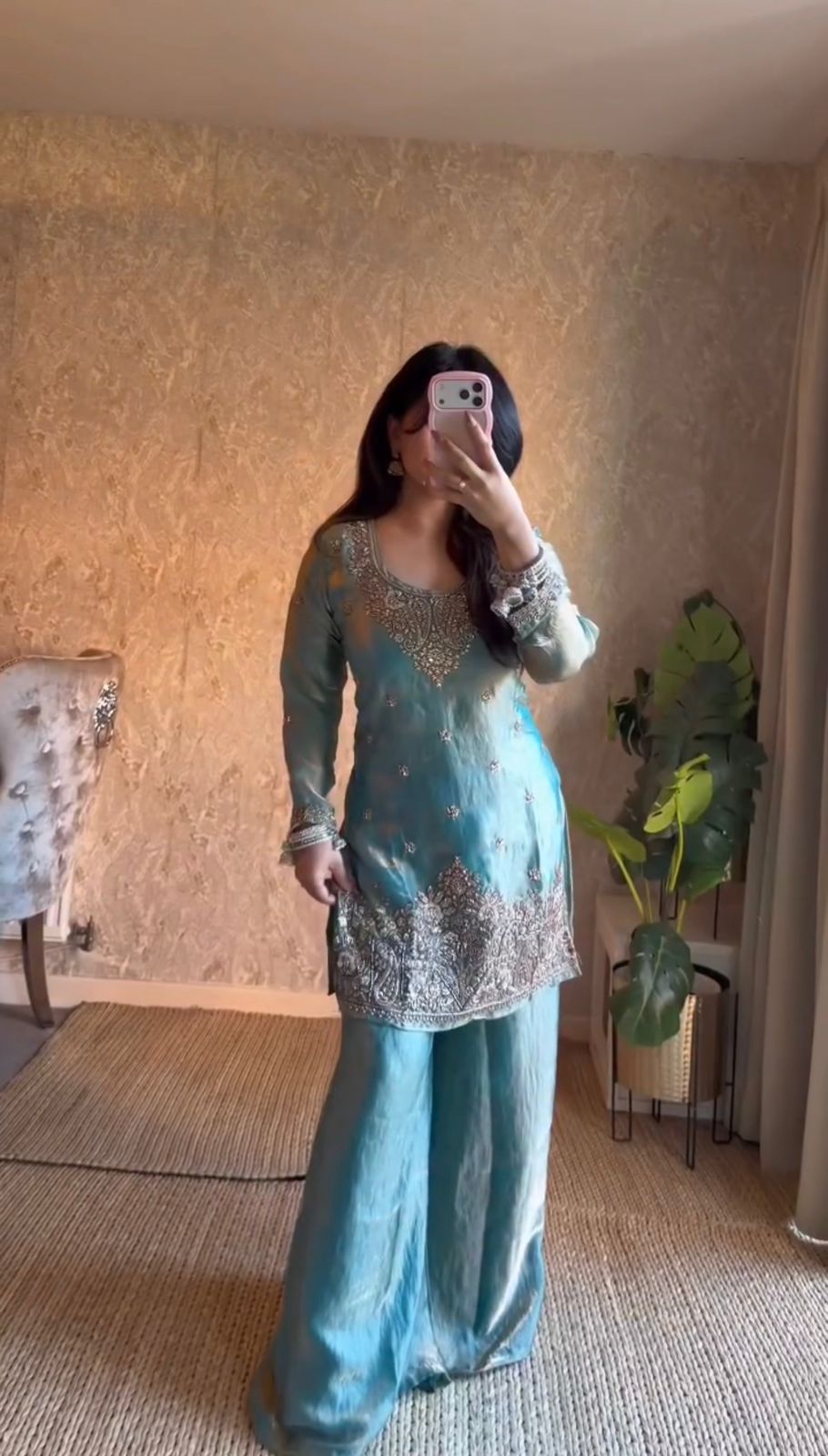 Premium Fendy Silk Kurta Plazo Set with Sequins Work & Designer Dupatta ✨