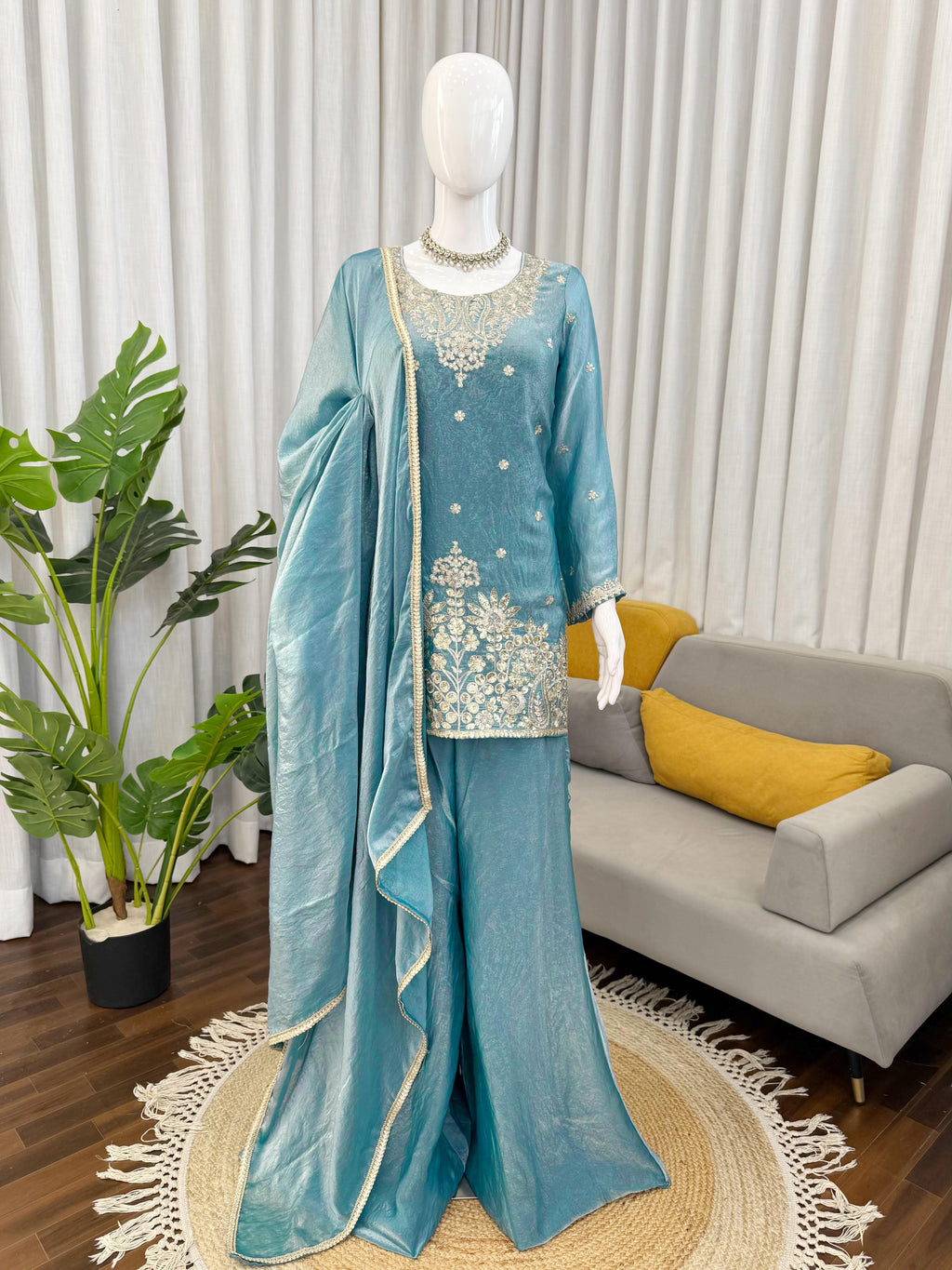 Premium Fendy Silk Kurta Plazo Set with Sequins Work & Designer Dupatta ✨