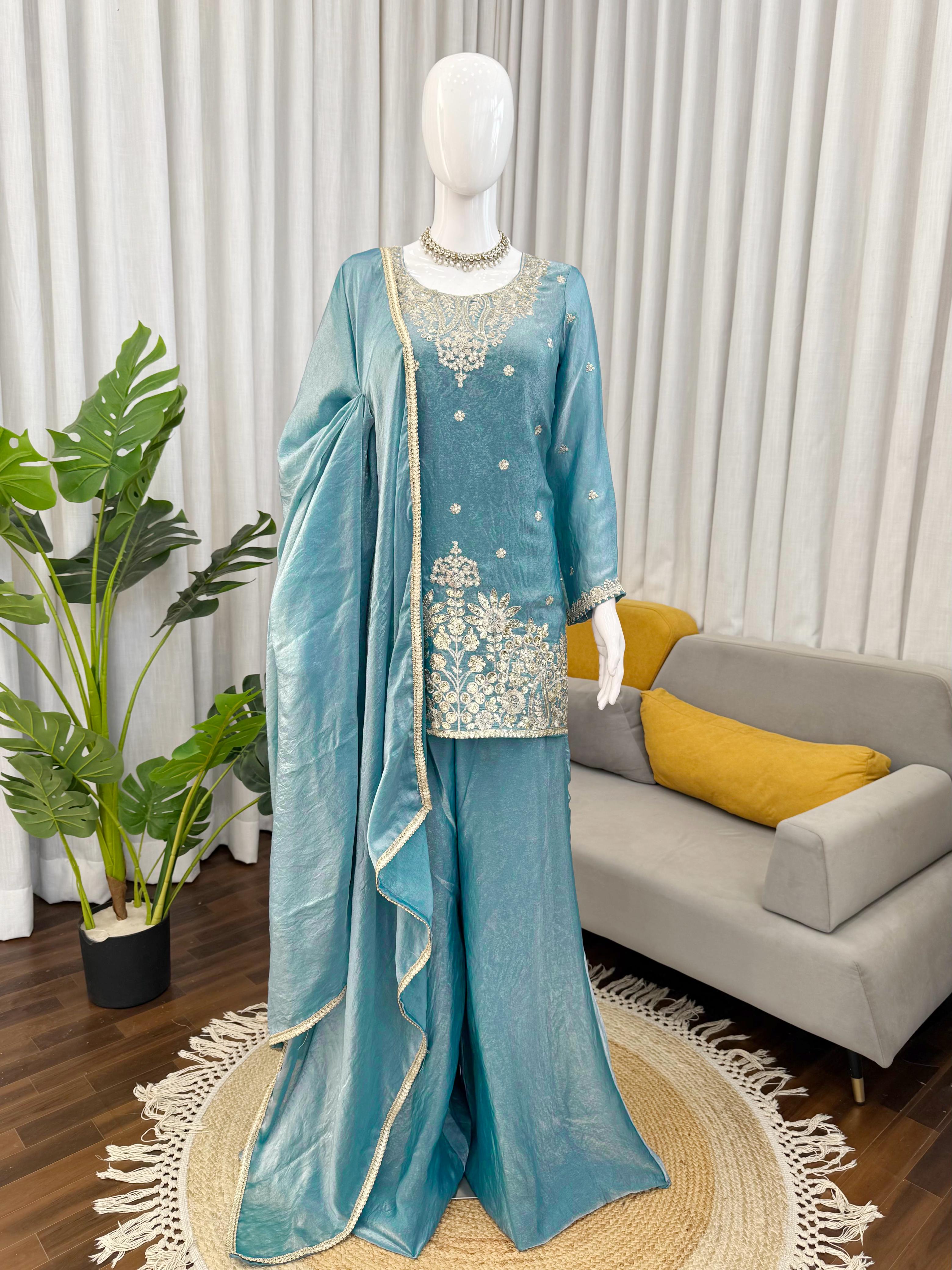Premium Fendy Silk Kurta Plazo Set with Sequins Work & Designer Dupatta ✨