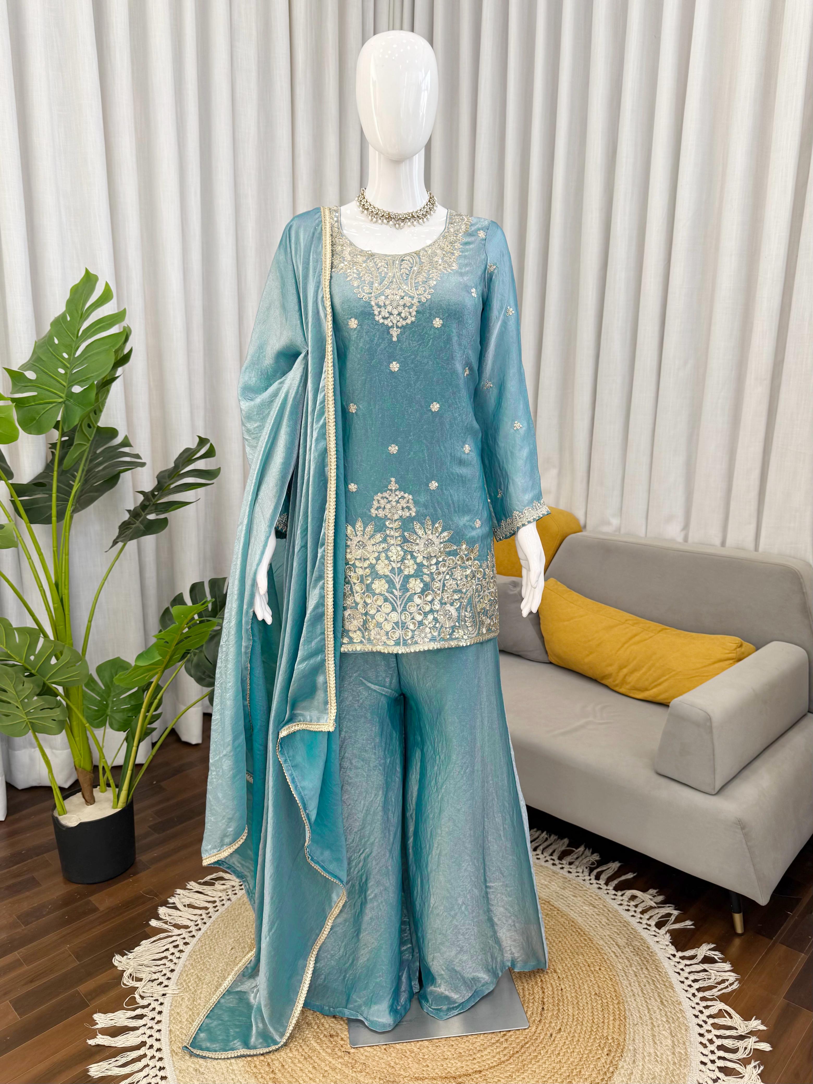 Premium Fendy Silk Kurta Plazo Set with Sequins Work & Designer Dupatta ✨