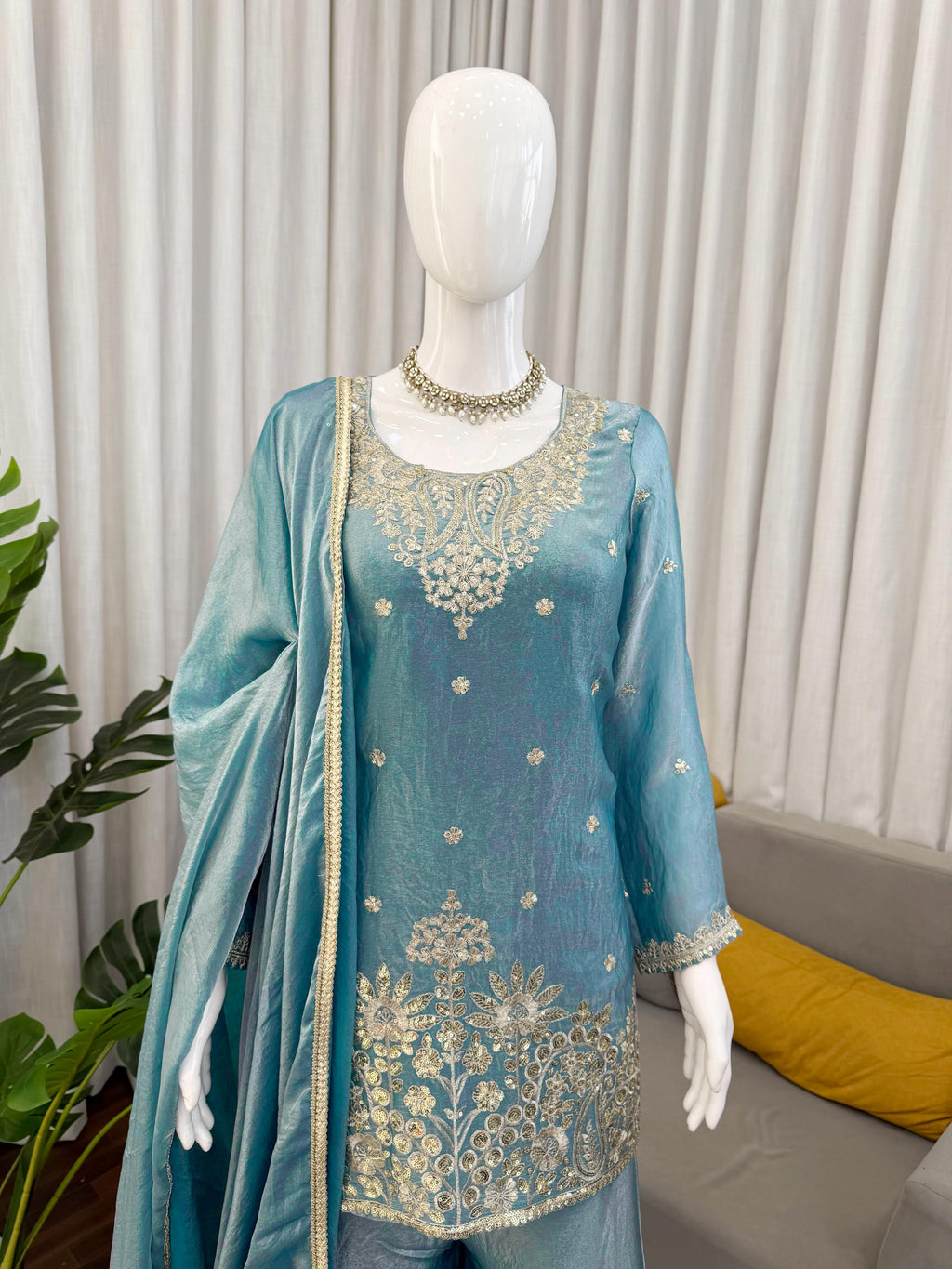 Premium Fendy Silk Kurta Plazo Set with Sequins Work & Designer Dupatta ✨
