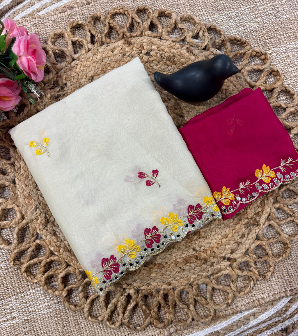 Premium Rangoli Silk Saree with Floral Embroidery & Mirror Work Border ✨
