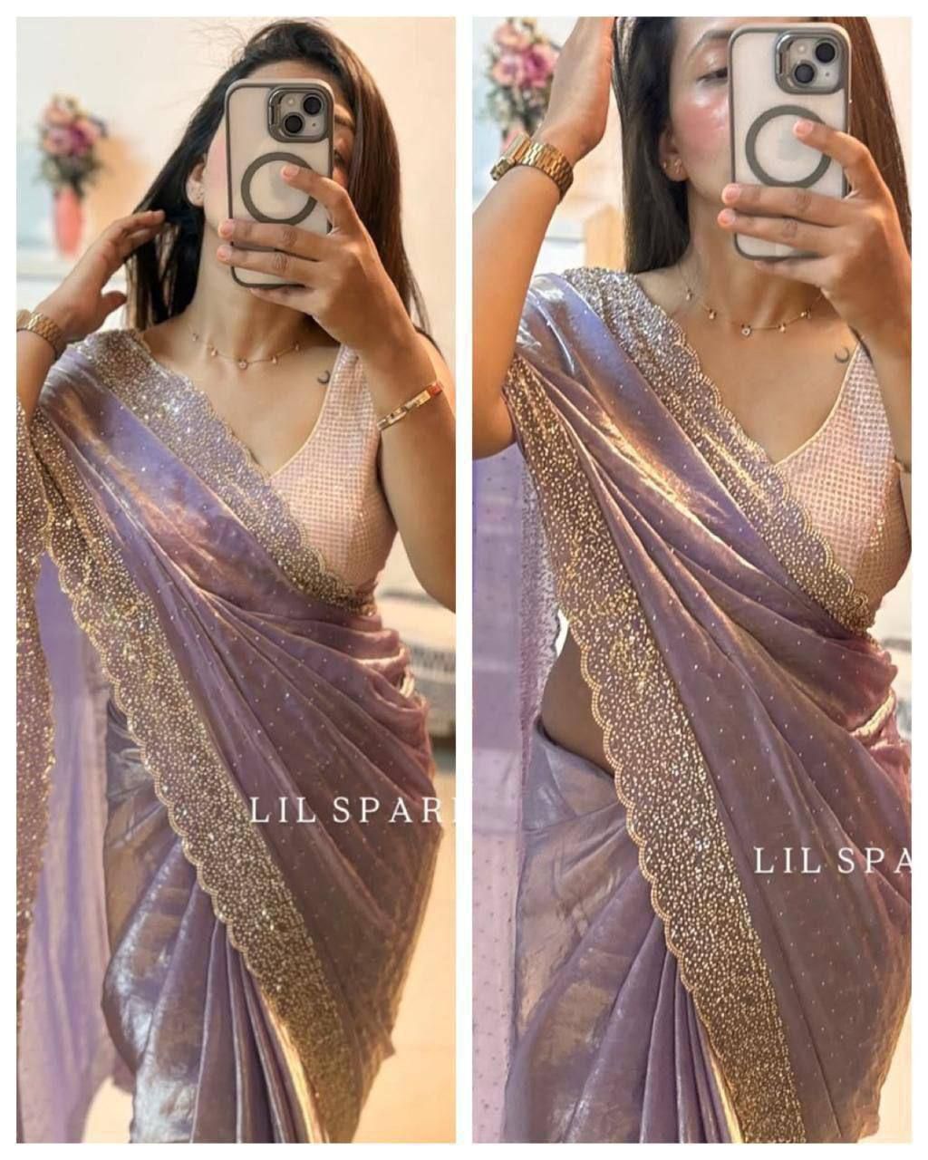 Latest Partywear Space Silk Jarkhan Heavy Diamond Work Fancy Designer Saree With Blouse