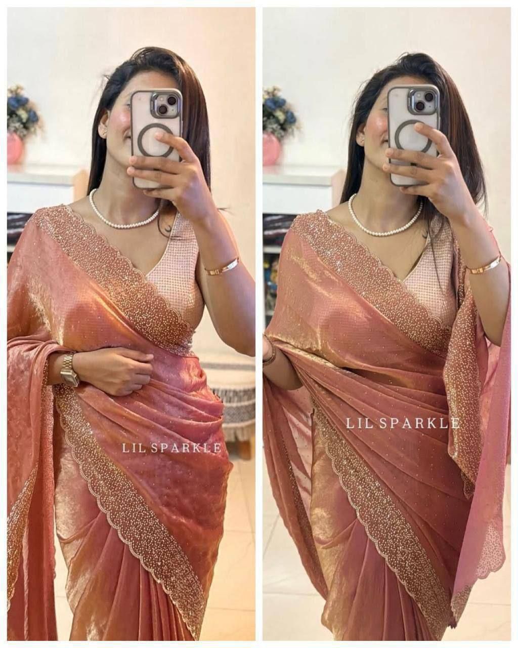 Latest Partywear Space Silk Jarkhan Heavy Diamond Work Fancy Designer Saree With Blouse