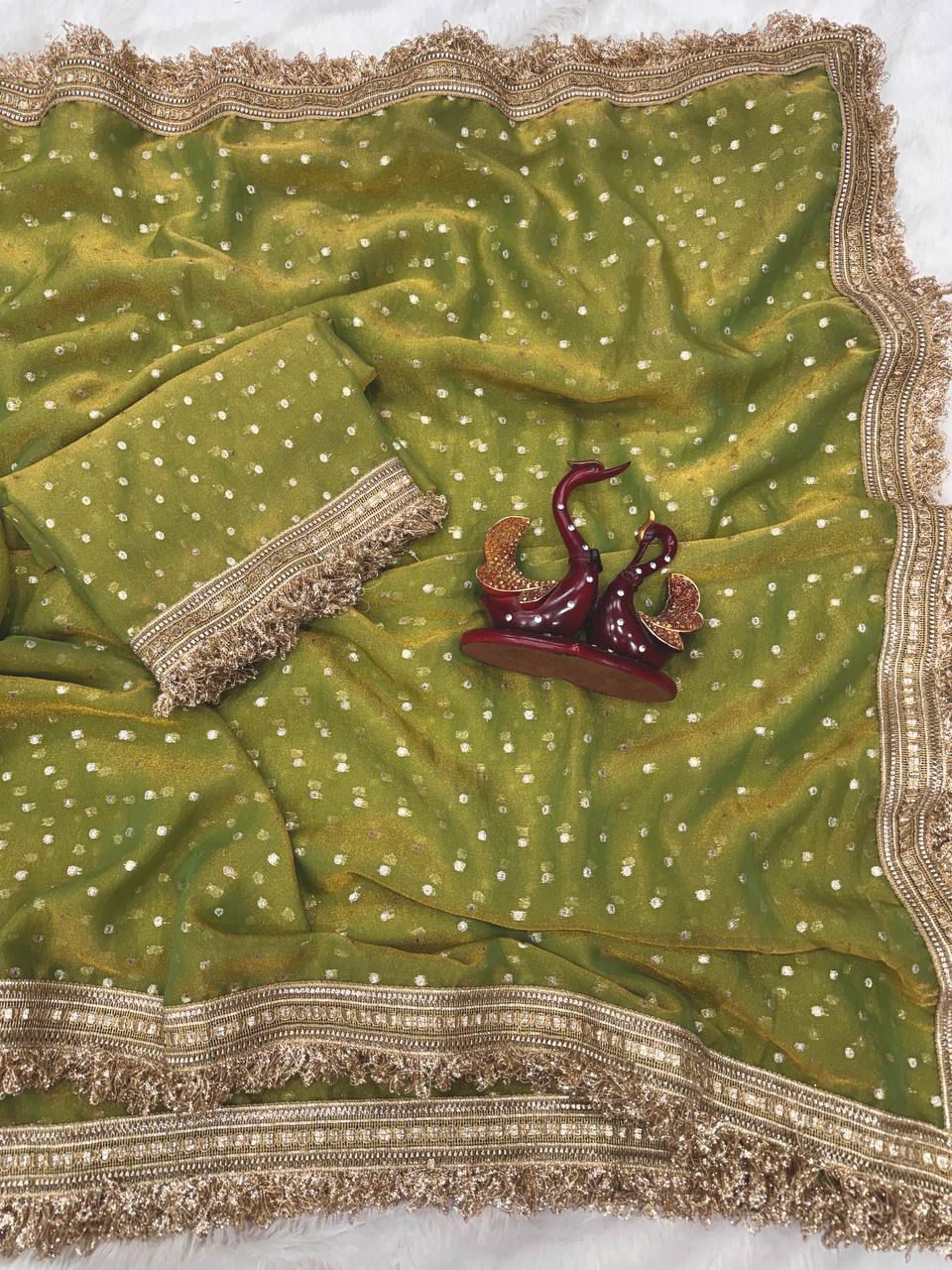 Premium NC Moss Satin Saree with Maharani Big Border & Running Blouse