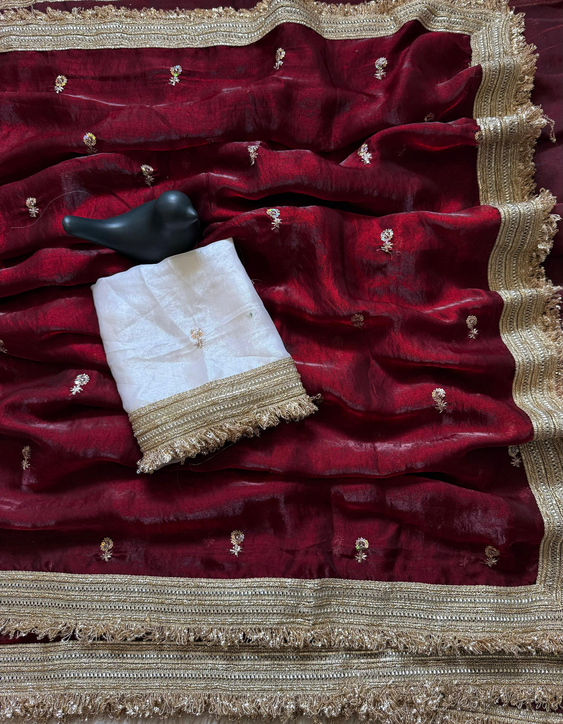 Premium Fandy Satin Designer Saree with Sequence Butti Work & Elegant Lace Border