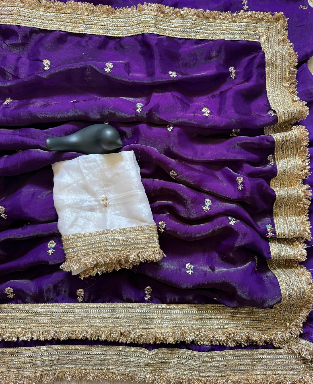 Premium Fandy Satin Designer Saree with Sequence Butti Work & Elegant Lace Border