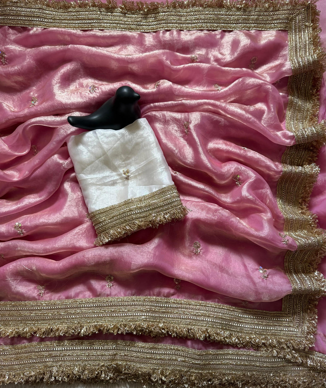 Premium Fandy Satin Designer Saree with Sequence Butti Work & Elegant Lace Border