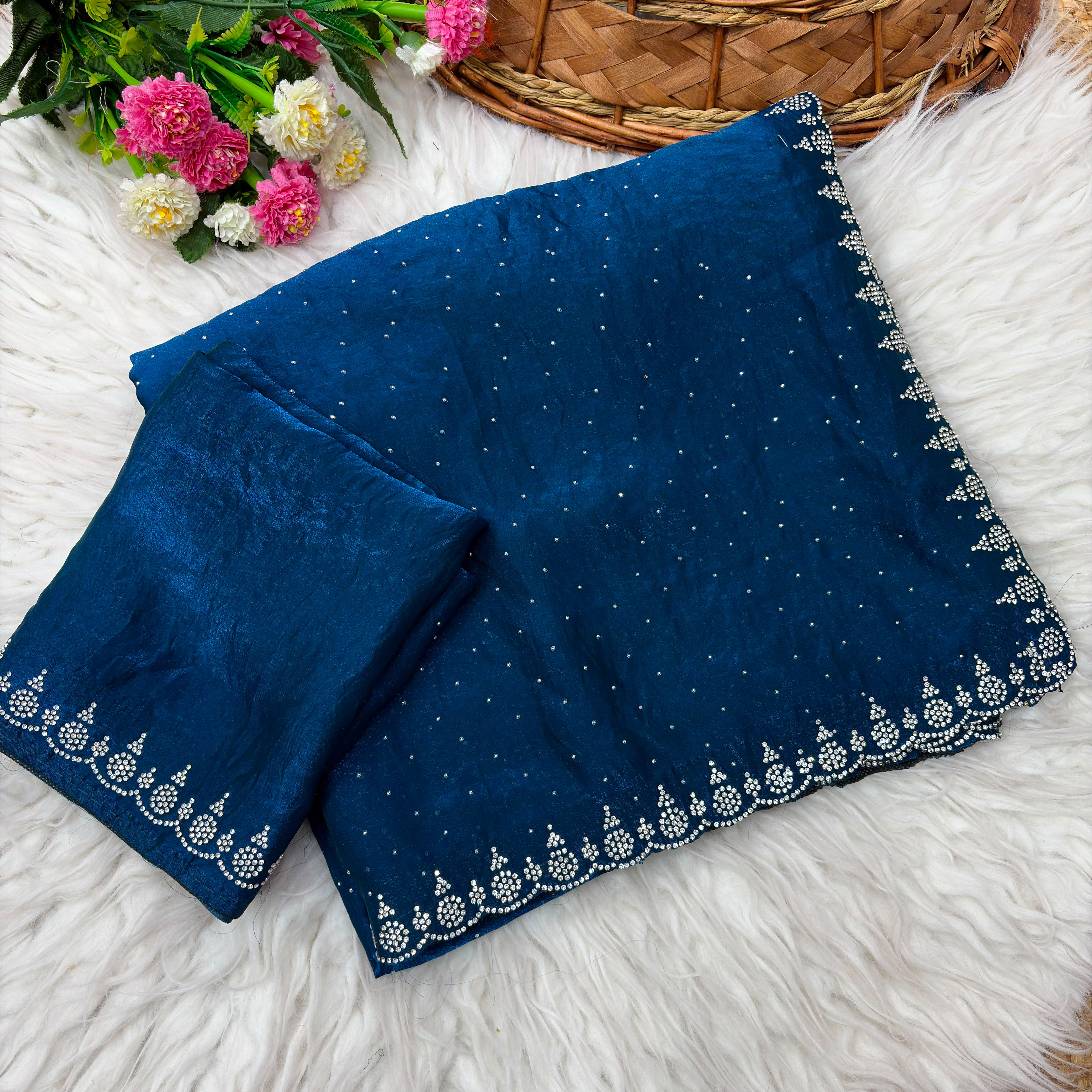 Premium Satin Crepe Designer Saree with Crystal Stone Work