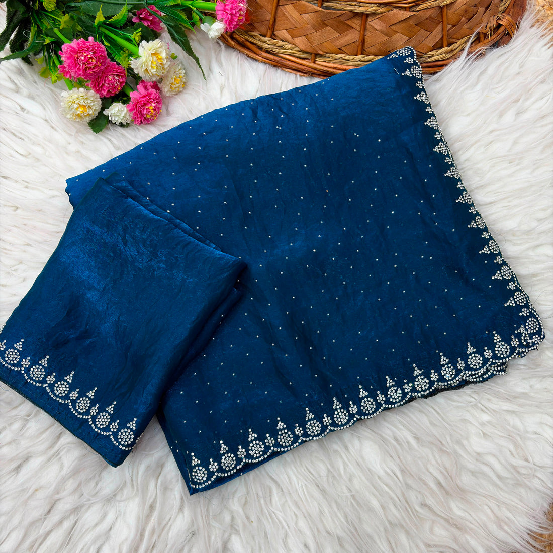 Premium Satin Crepe Designer Saree with Crystal Stone Work