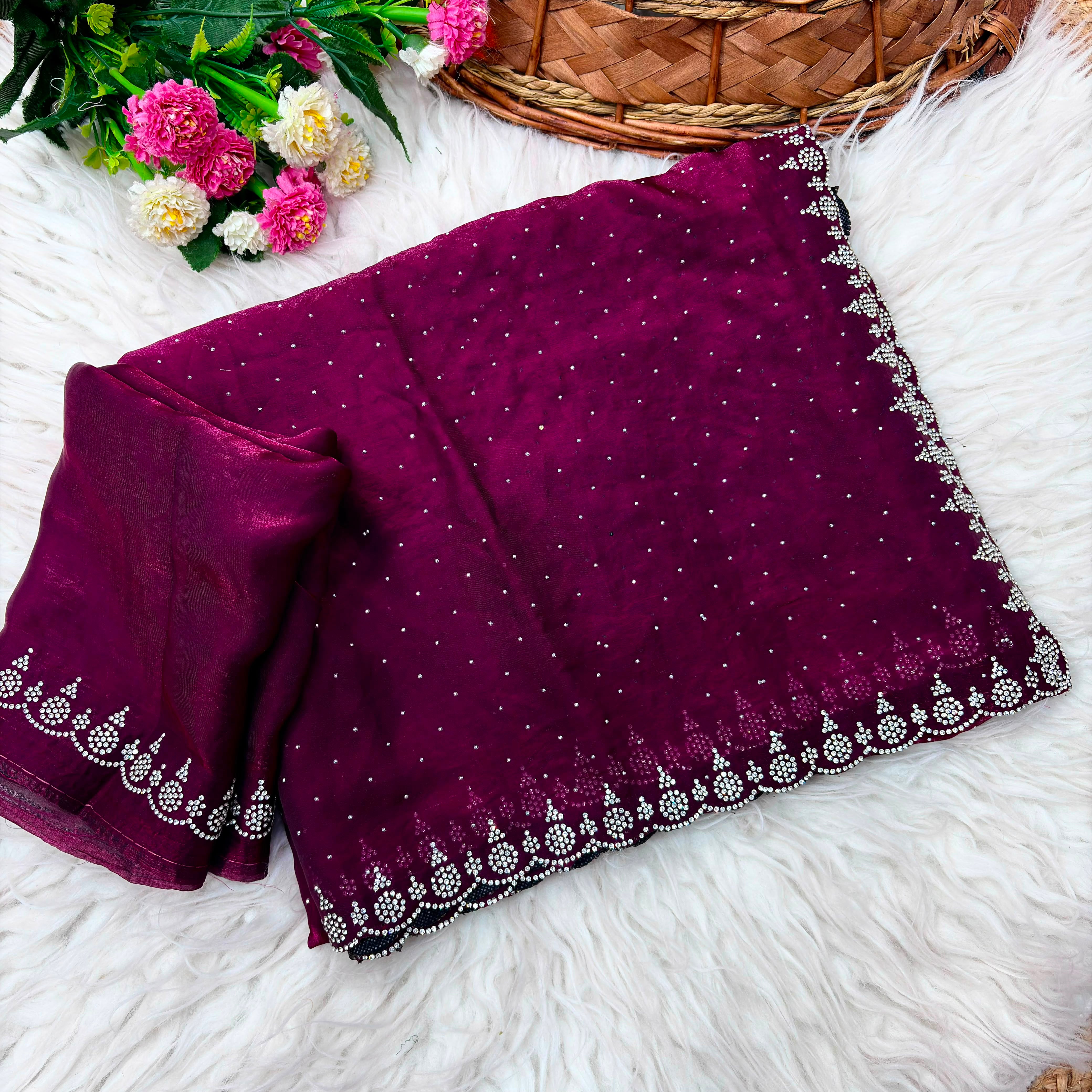 Premium Satin Crepe Designer Saree with Crystal Stone Work