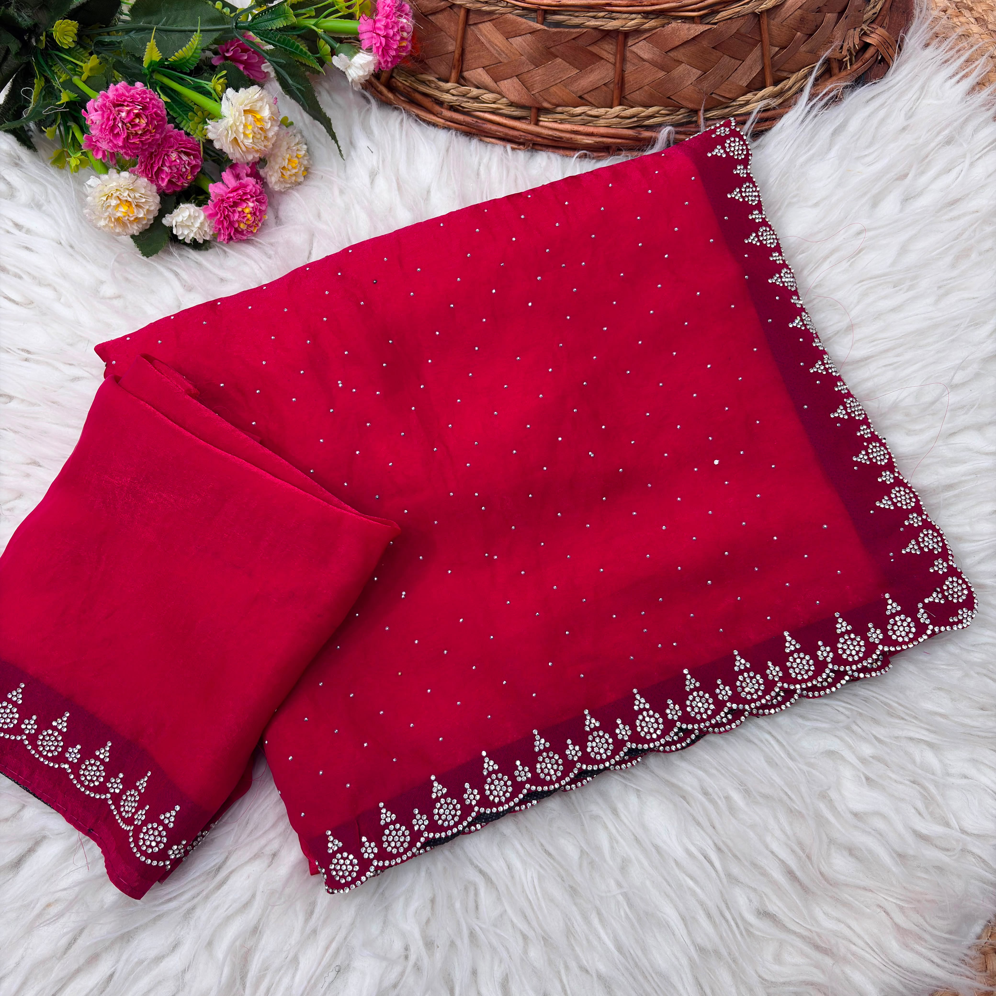Premium Satin Crepe Designer Saree with Crystal Stone Work