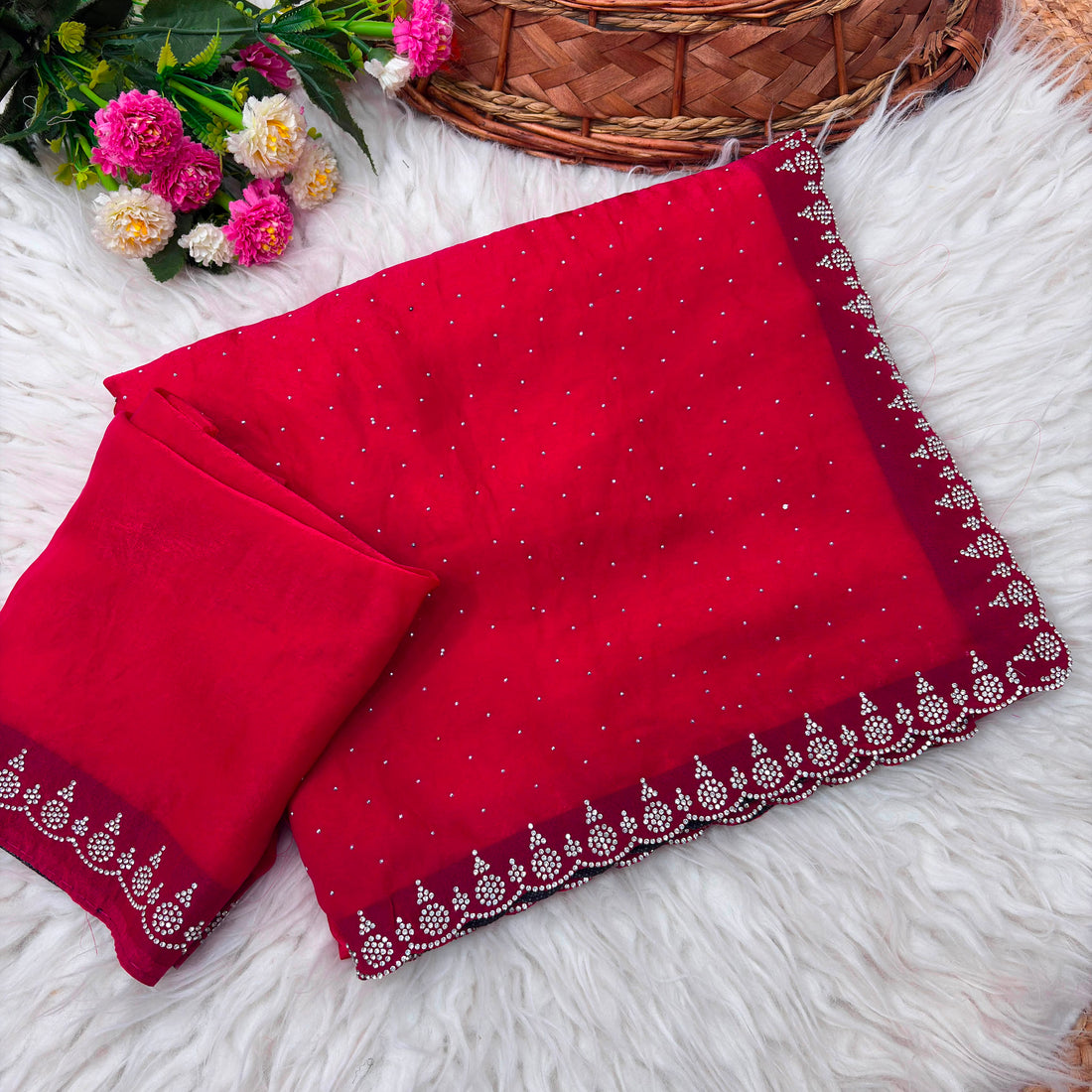 Premium Satin Crepe Designer Saree with Crystal Stone Work