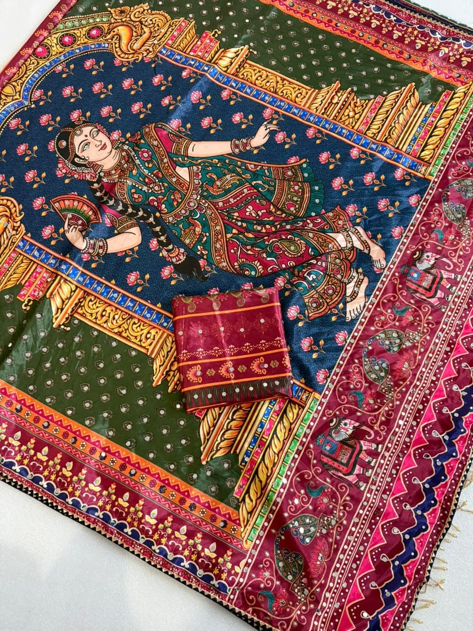 Premium Soft Japan Satin Saree With Traditional Print & Real Mirror Work