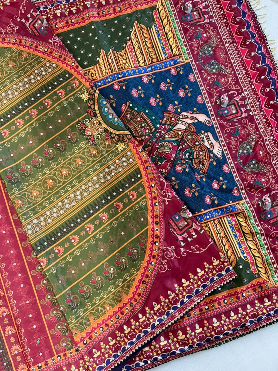 Premium Soft Japan Satin Saree With Traditional Print & Real Mirror Work
