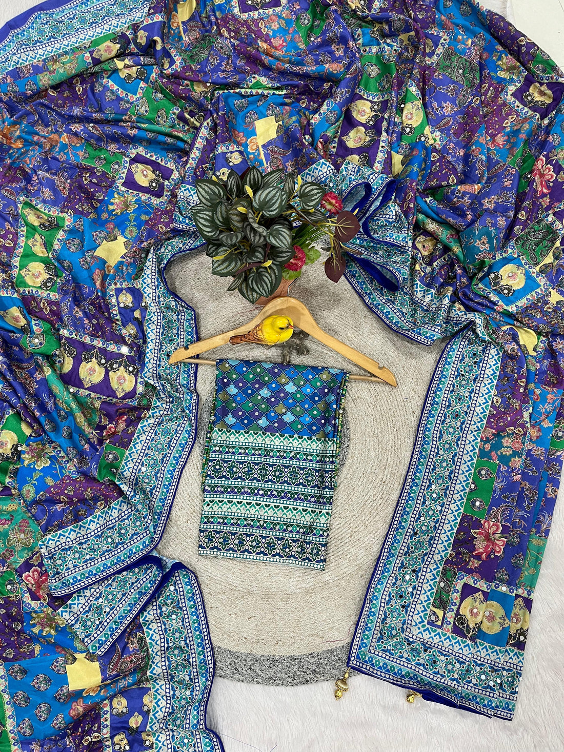 Premium Designer Chinon Silk Printed Saree With Real Mirror, Piping & Hand Embroidery