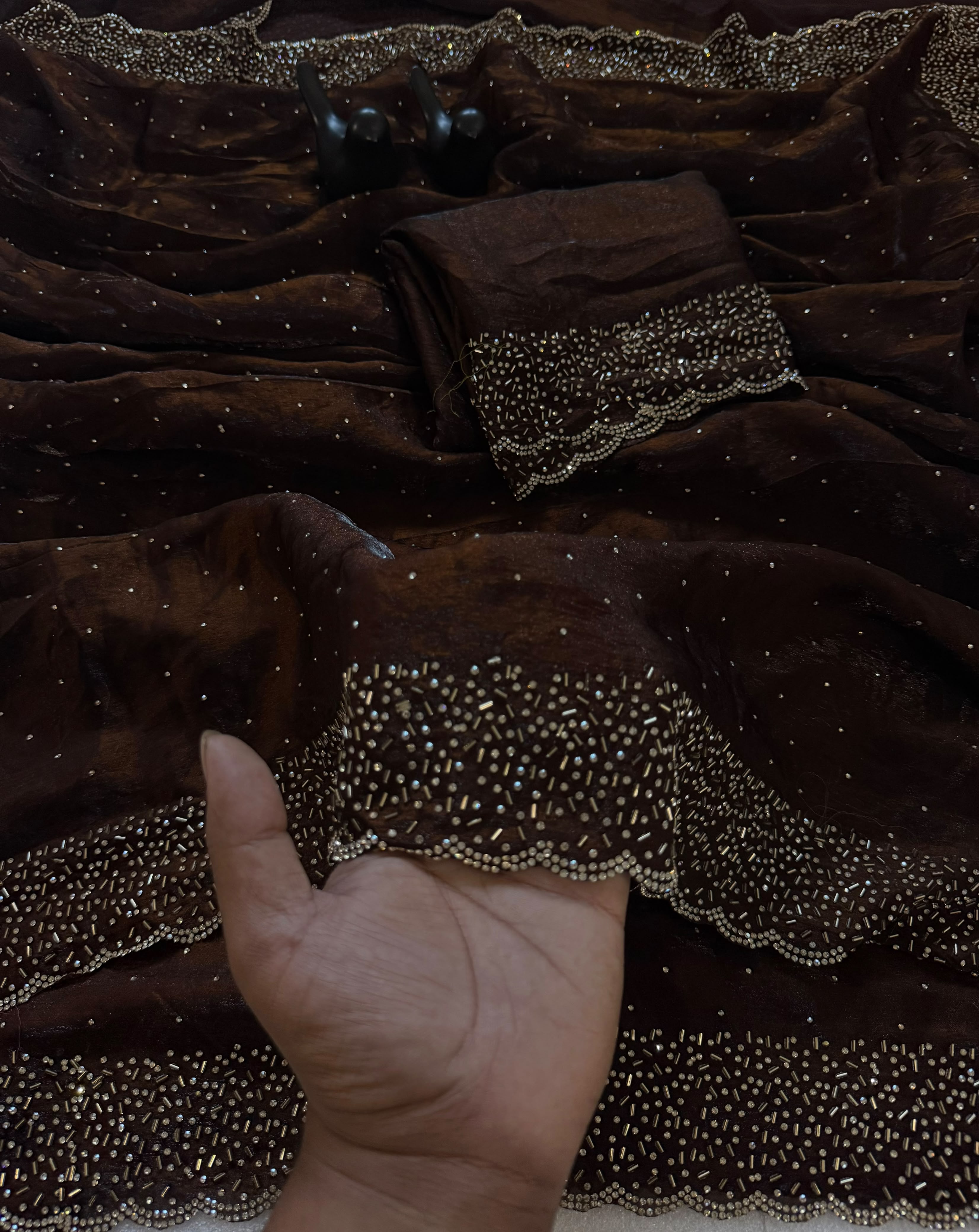 Premium Space Silk Maroon Jarkhan Heavy Diamond Work