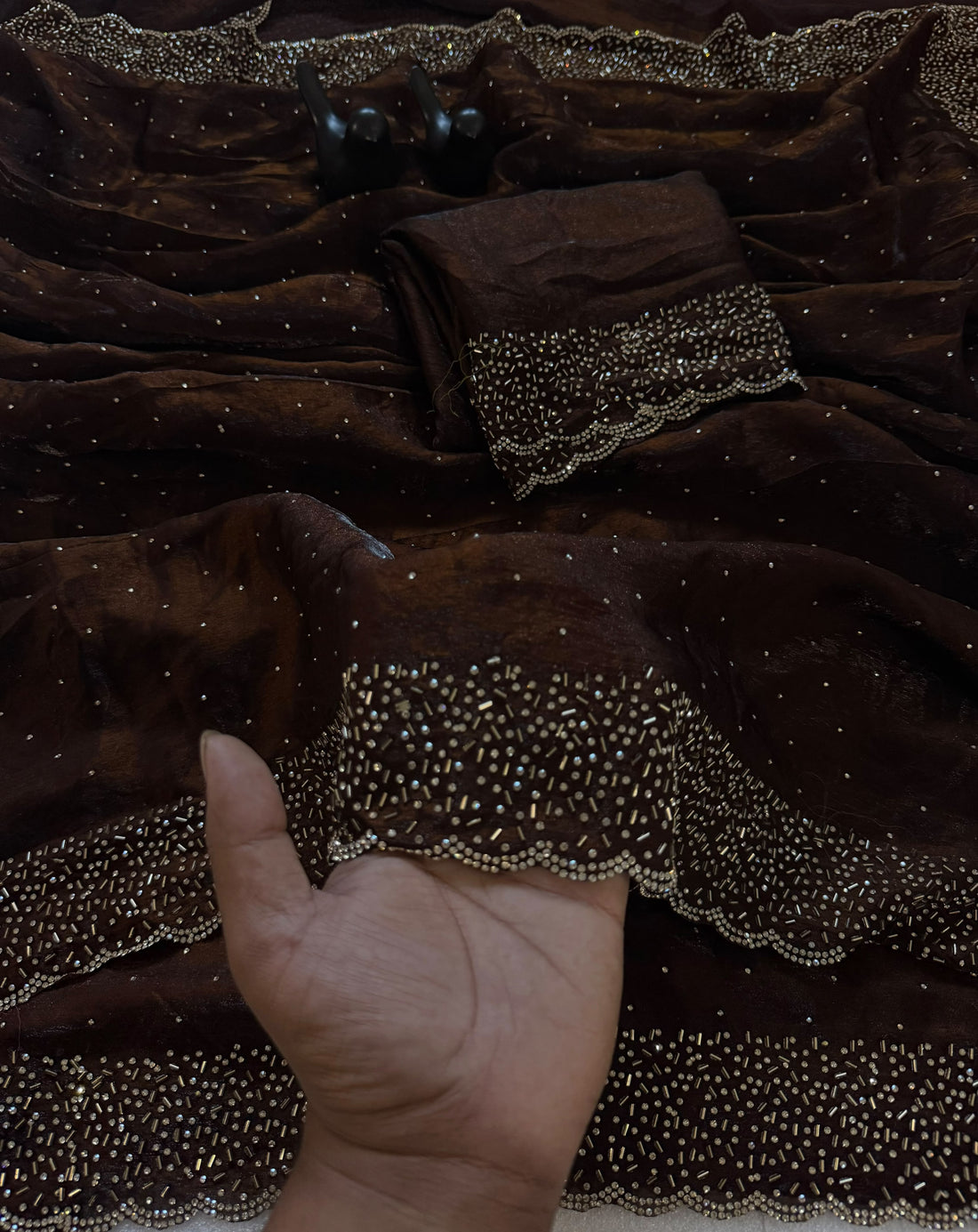 Premium Space Silk Maroon Jarkhan Heavy Diamond Work