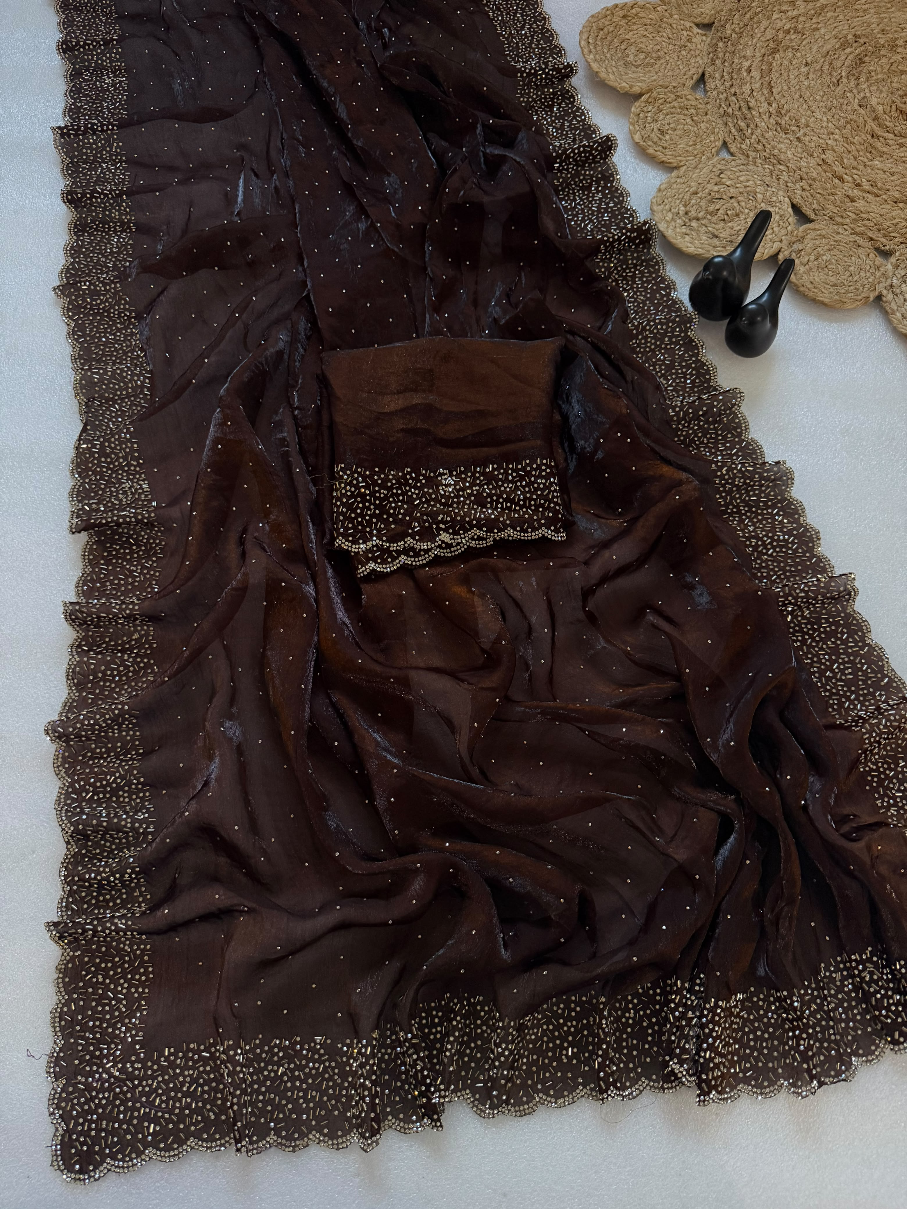 Premium Space Silk Maroon Jarkhan Heavy Diamond Work