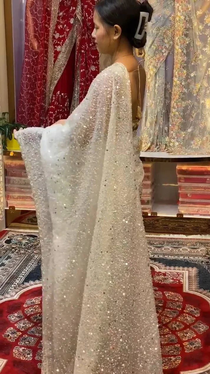 Graceful Wedding Wear – Soft Net Embroidered Saree