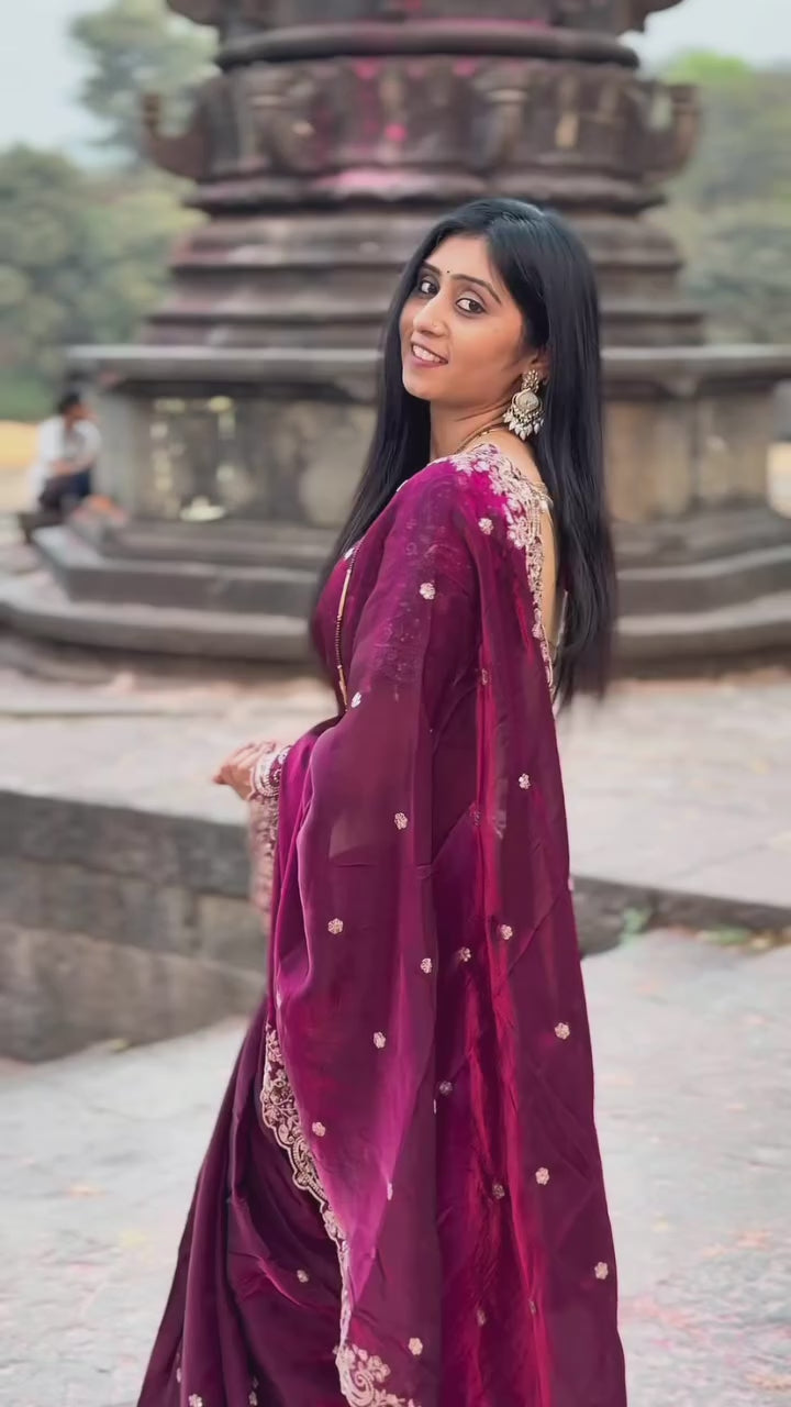 Fendy Wine Color Satin Saree with 3mm Sequin Embroidery
