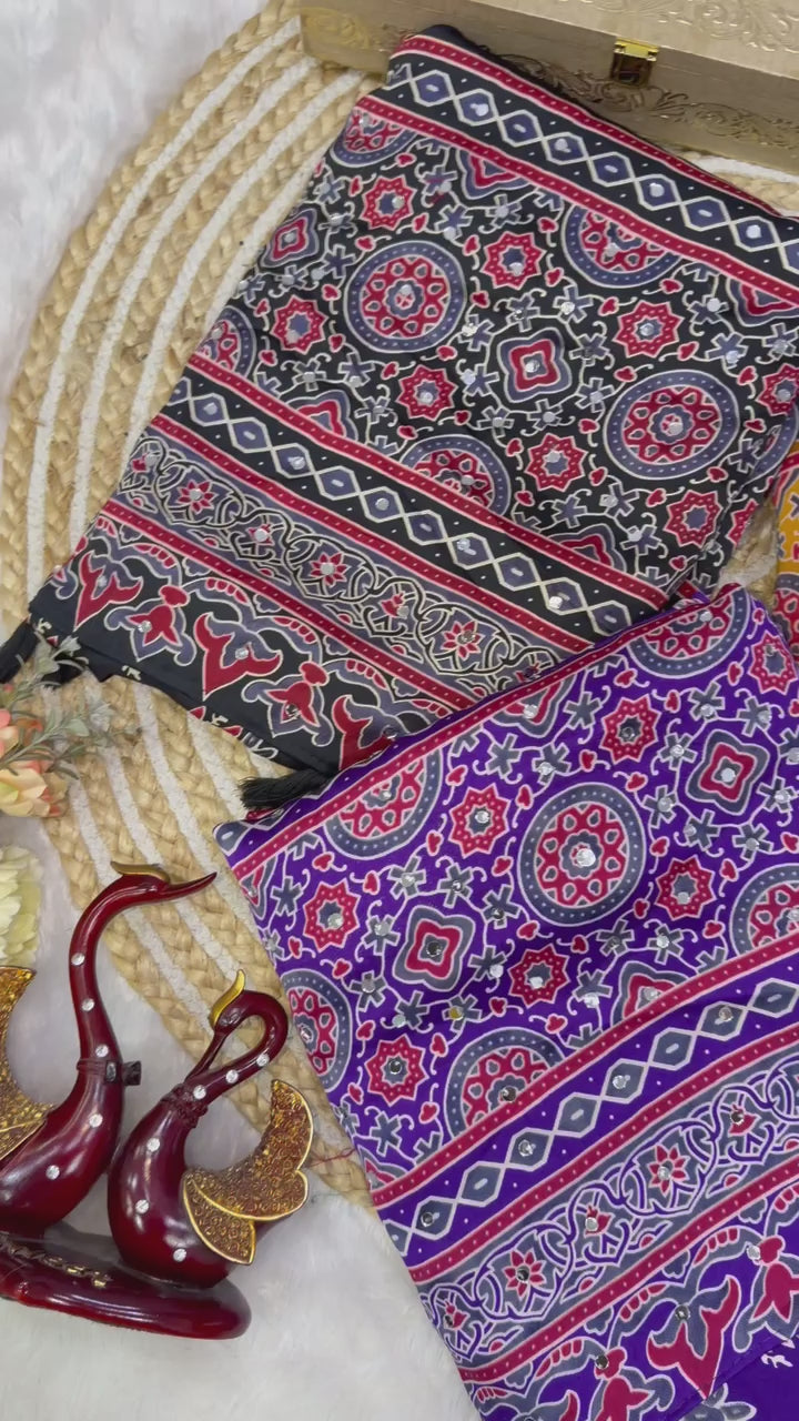 Premium Ajrakh Mirror Work Designer Saree Collection by Roopvastra