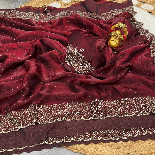 Latest Partywear Space Silk Jarkhan Heavy Diamond Work Fancy Designer Saree With Blouse